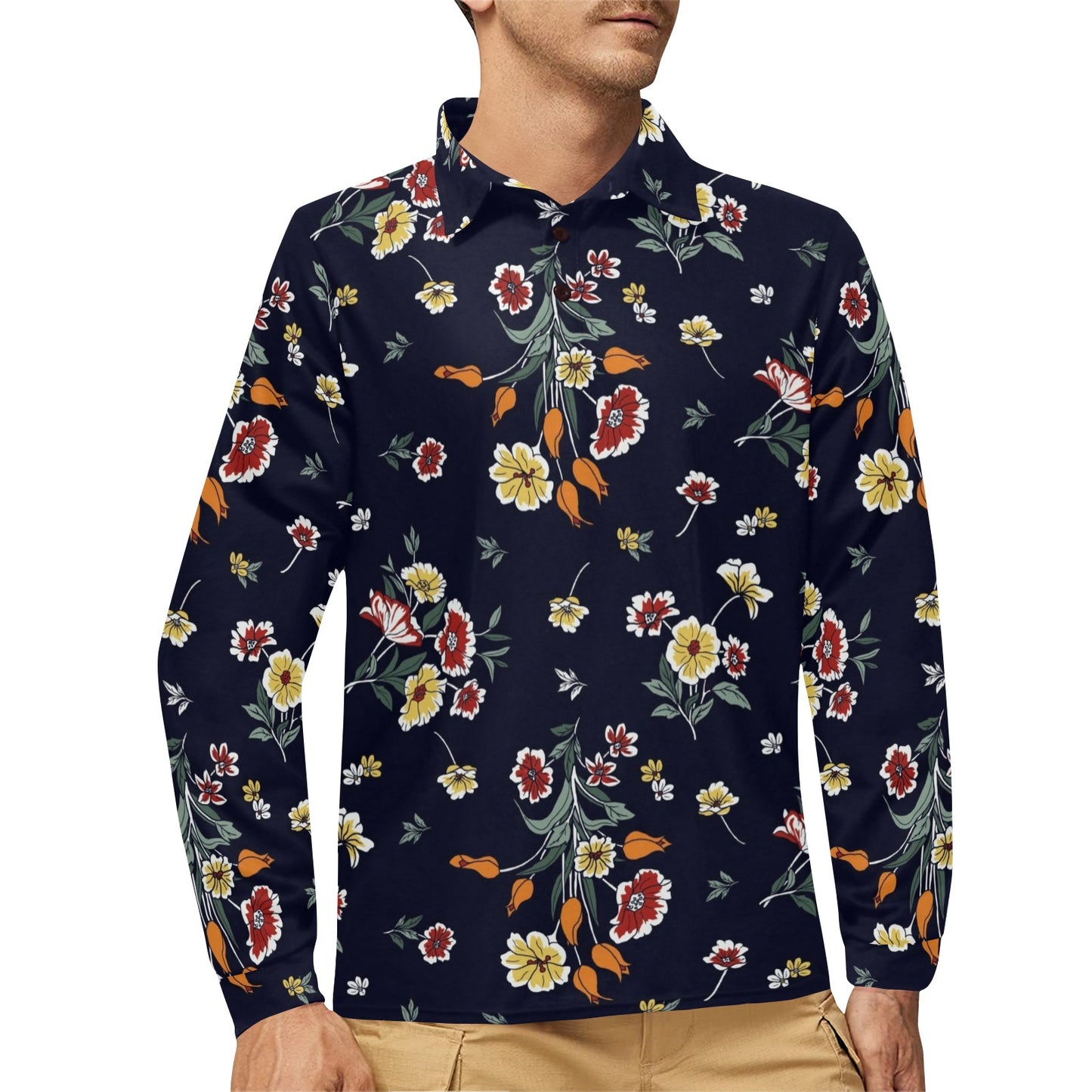Summer Floral Pattern Print Design SF01 Long Sleeve Polo Shirt For Men's