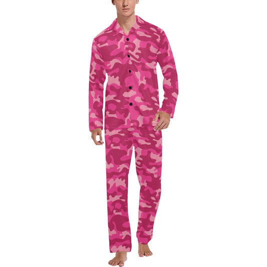 Camo Pink Pattern Print Design 01 Men's Long Pajama Set