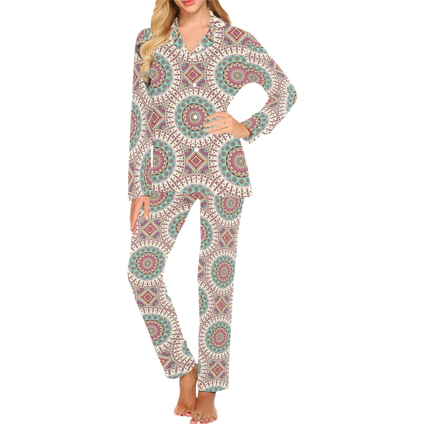 Bohemian Round Style Print Women's Long Pajama Set