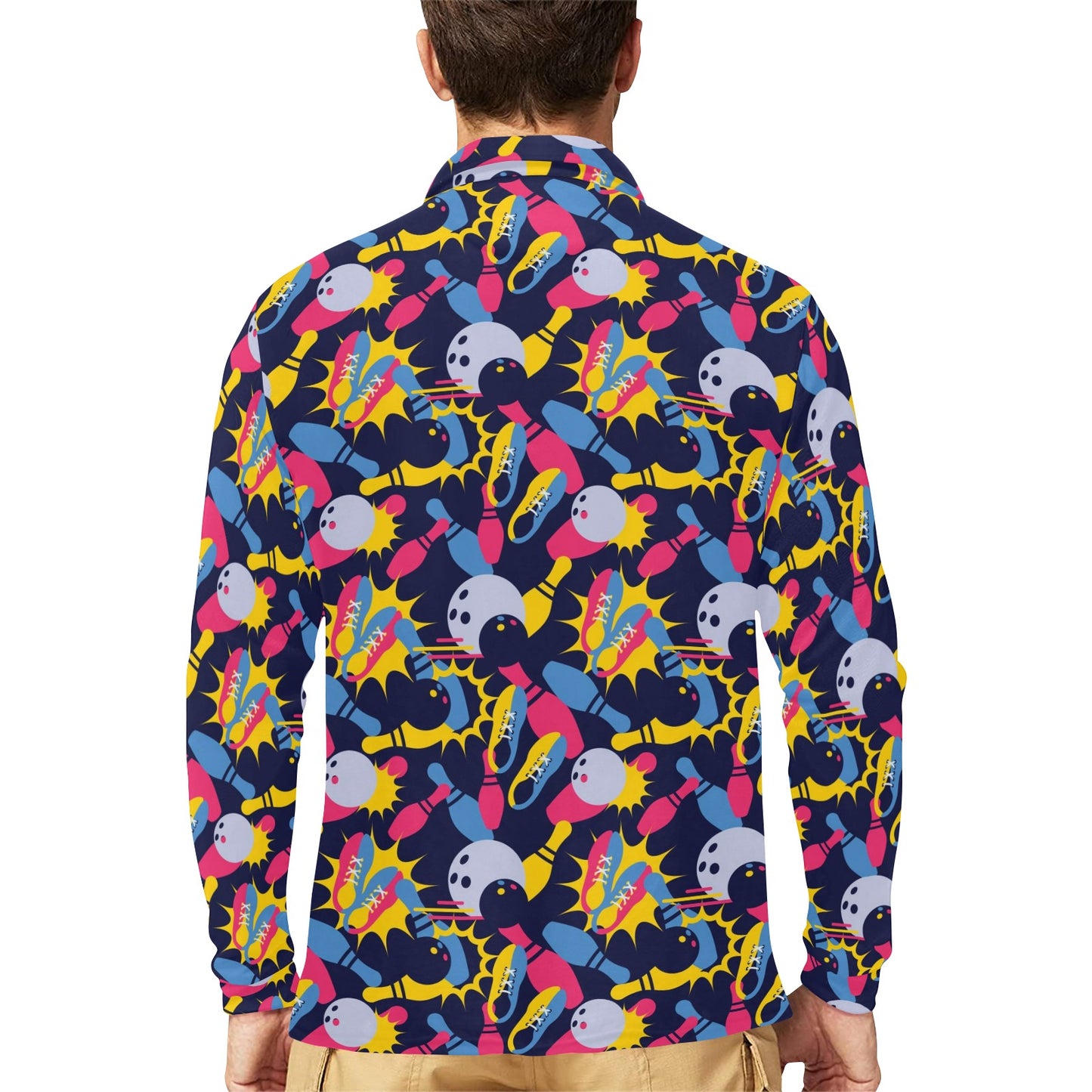 Bowling Pattern Print Design 02 Long Sleeve Polo Shirt For Men's