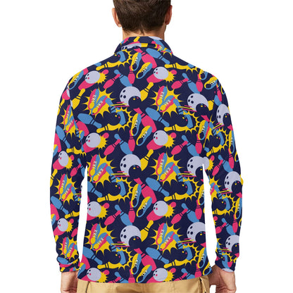 Bowling Pattern Print Design 02 Long Sleeve Polo Shirt For Men's