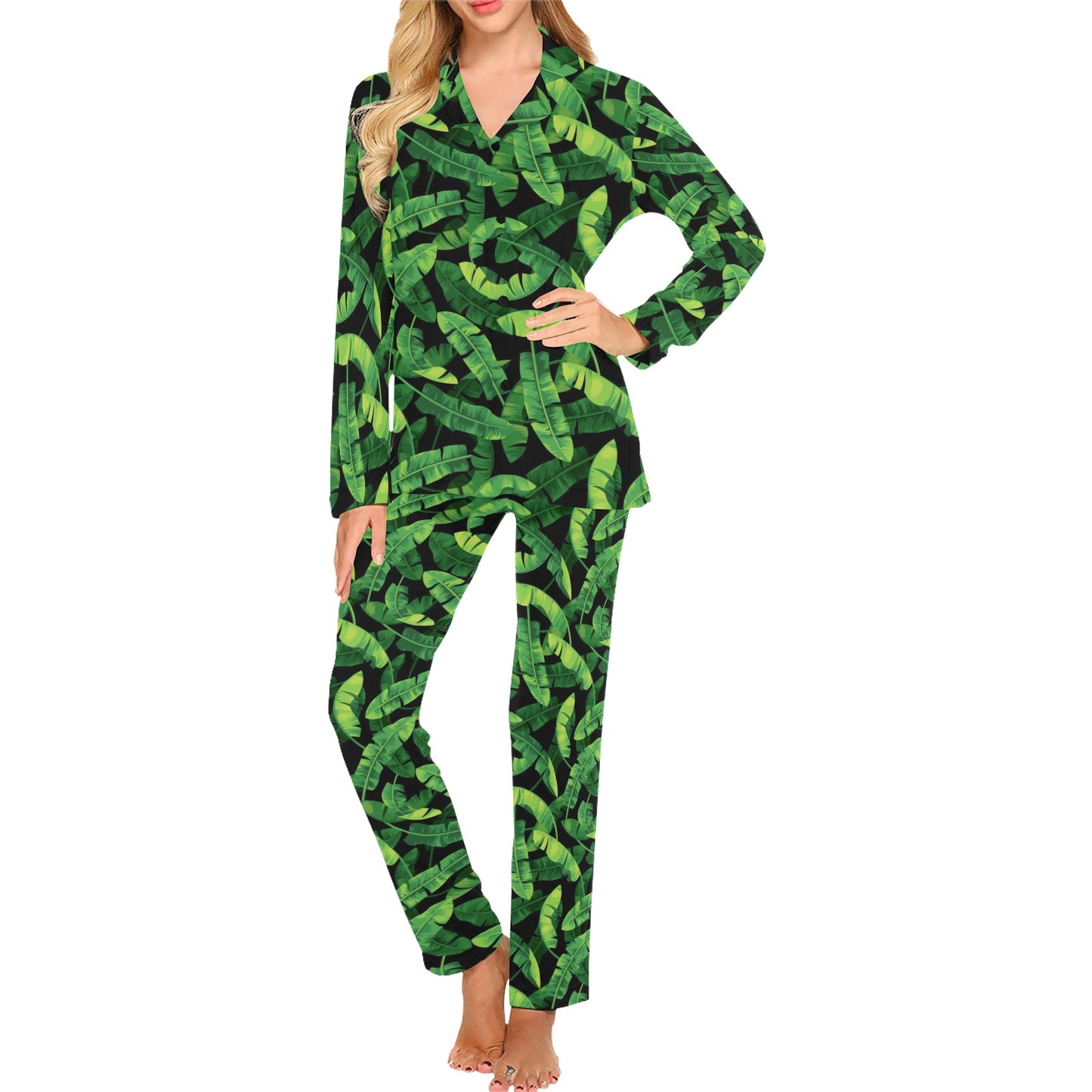 Banana Leaf Pattern Print Design 02 Women's Long Pajama Set