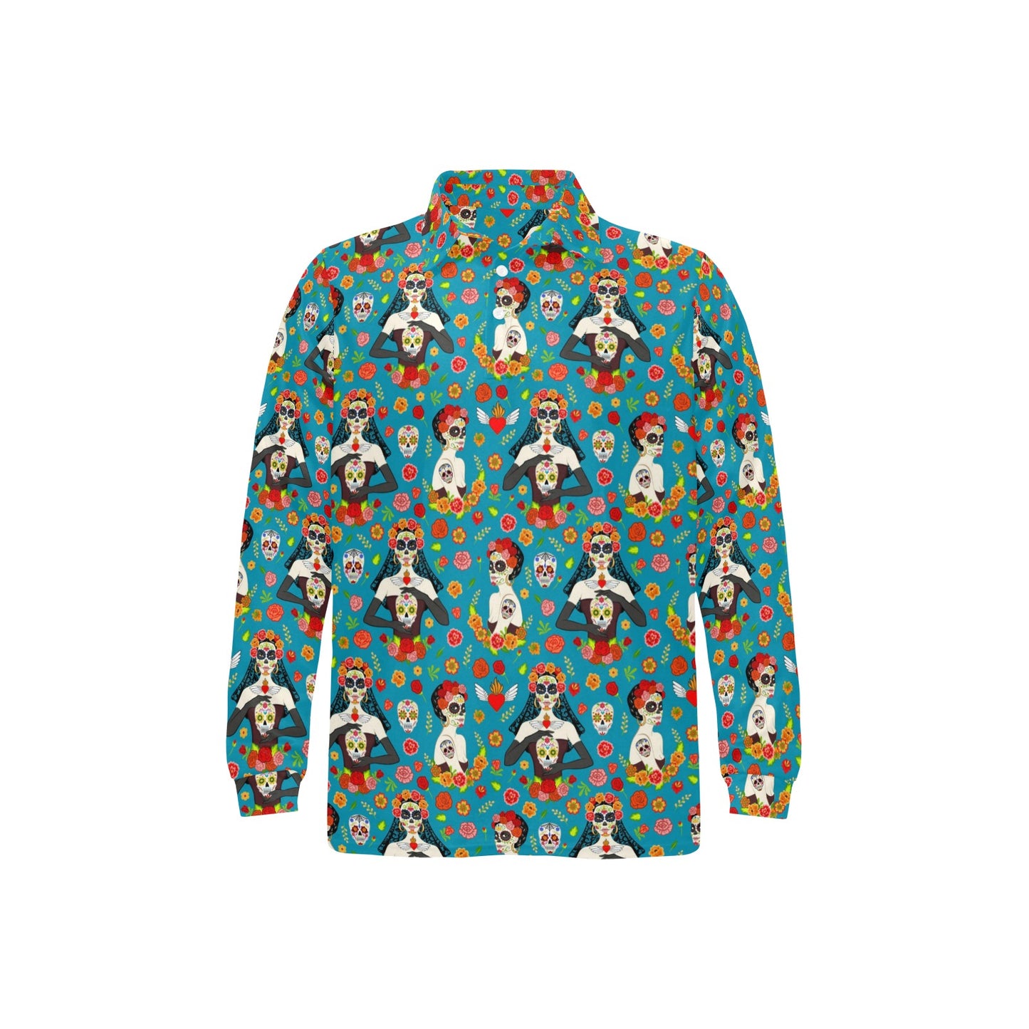 Day of the Dead Old School Girl Design Long Sleeve Polo Shirt For Men's