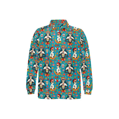 Day of the Dead Old School Girl Design Long Sleeve Polo Shirt For Men's