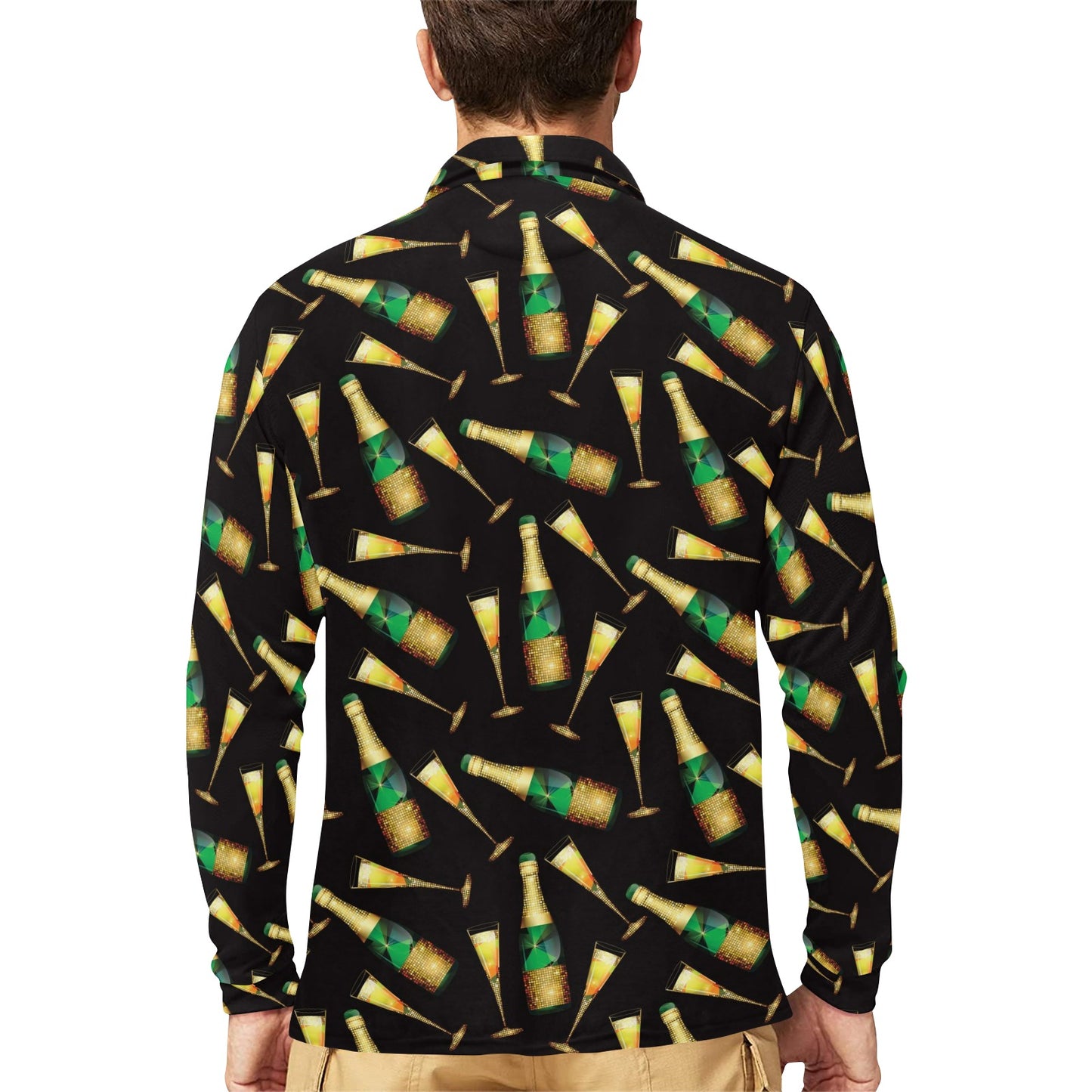 Champagne Pattern Print Design 02 Long Sleeve Polo Shirt For Men's