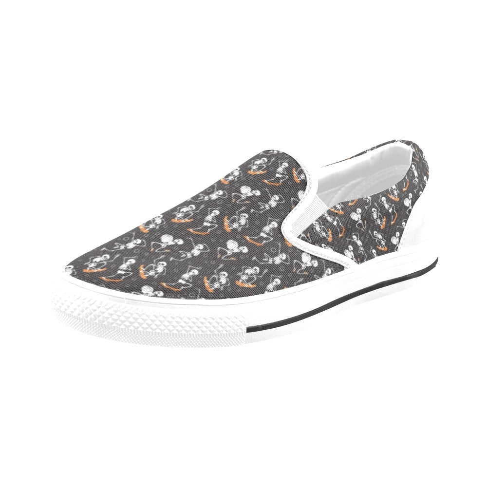 Skateboard With Skeleton Print Design LKS303 White Slip Ons Canvas Women's Shoes