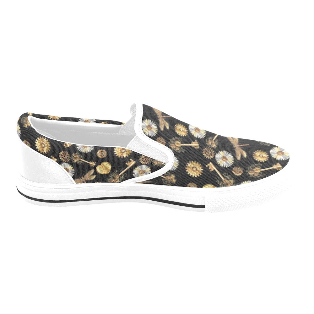 Steampunk Key Dragonfly Print Design LKS303 White Slip Ons Canvas Women's Shoes