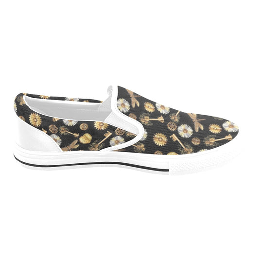Steampunk Key Dragonfly Print Design LKS303 White Slip Ons Canvas Women's Shoes
