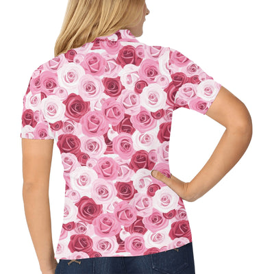 Pink Red Rose Pattern Print Women's Polo Shirt