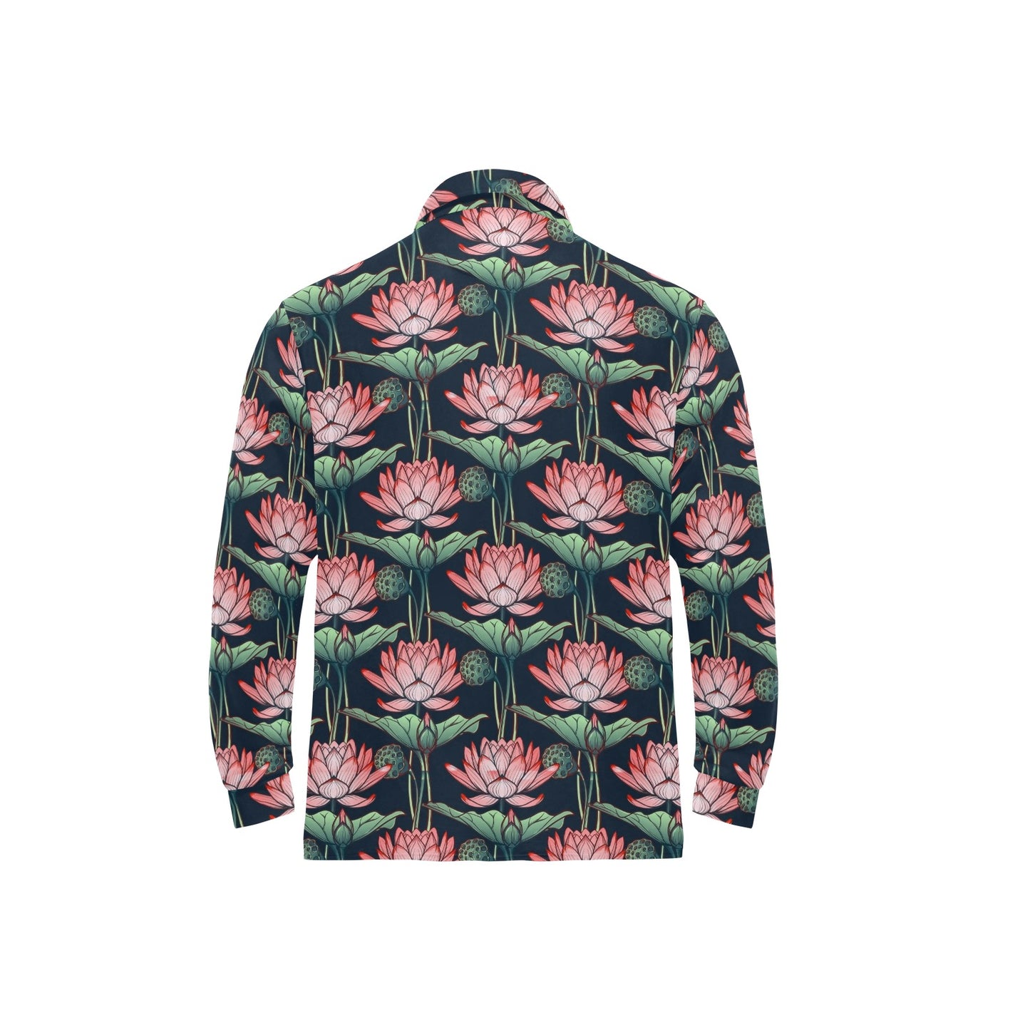 Water Lily Pattern Print Design WL03 Long Sleeve Polo Shirt For Men's