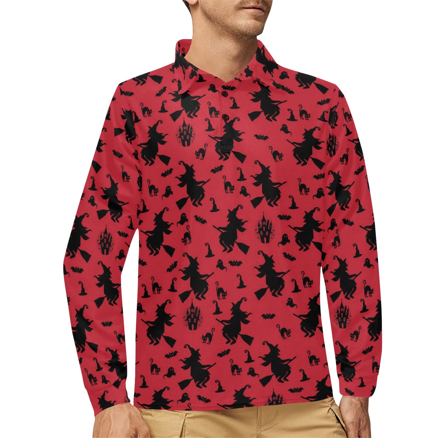 Witch Print Design LKS303 Long Sleeve Polo Shirt For Men's