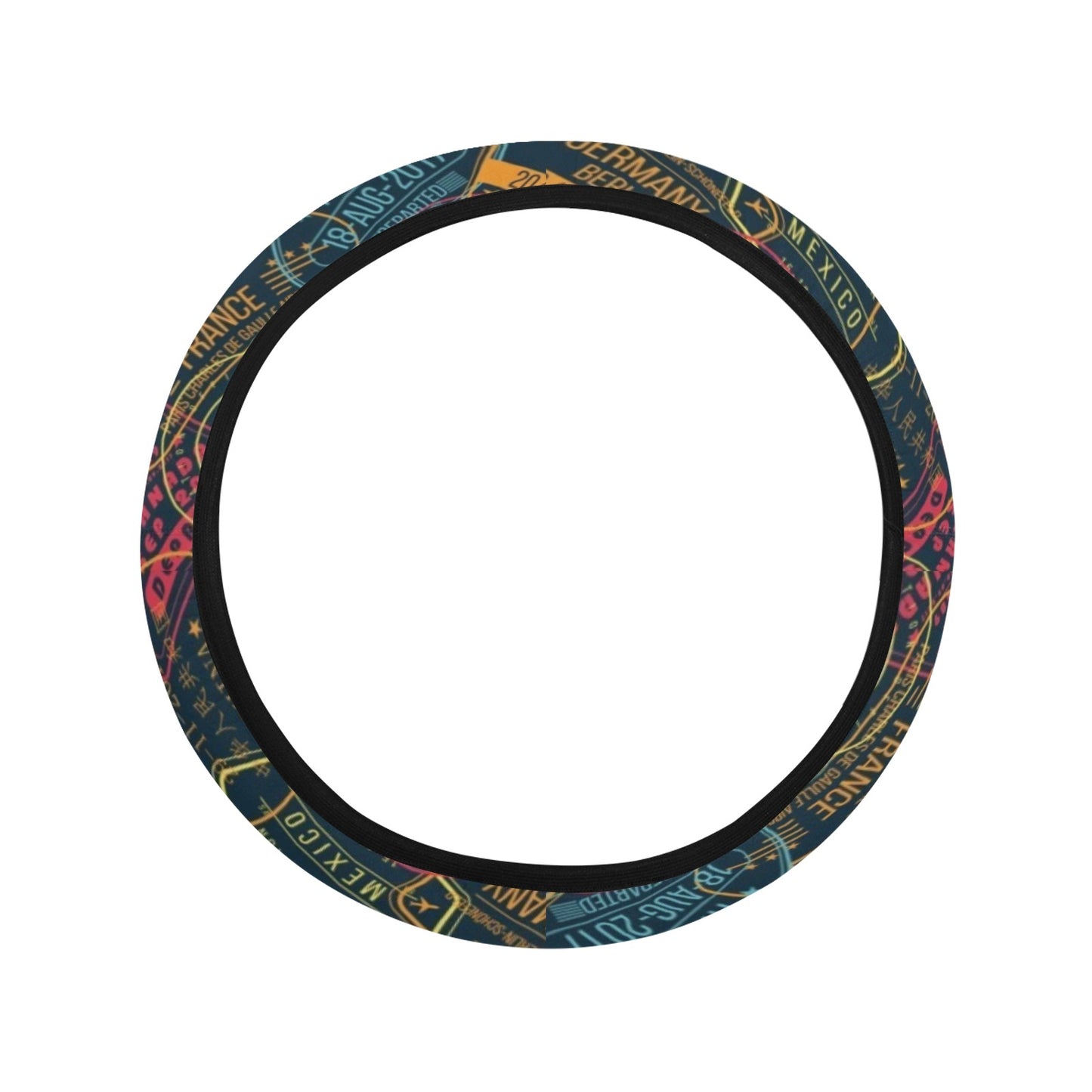 Travel Stamp Colorful Print Design LKS304 Steering Wheel Cover with Elastic Edge