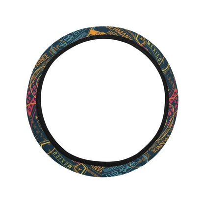 Travel Stamp Colorful Print Design LKS304 Steering Wheel Cover with Elastic Edge