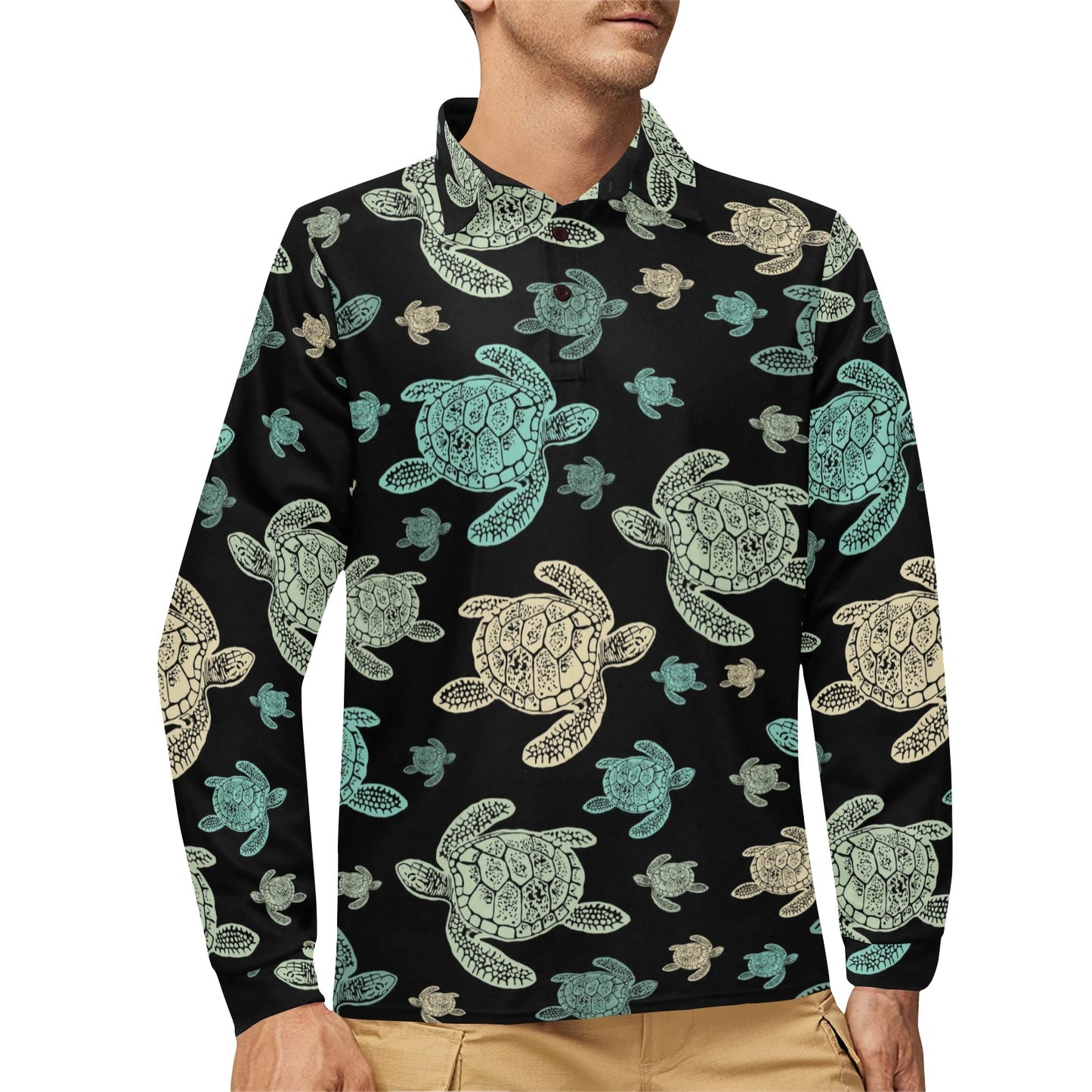 Sea Turtle Stamp Pattern Long Sleeve Polo Shirt For Men's