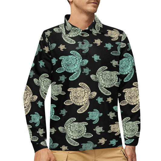 Sea Turtle Stamp Pattern Long Sleeve Polo Shirt For Men's