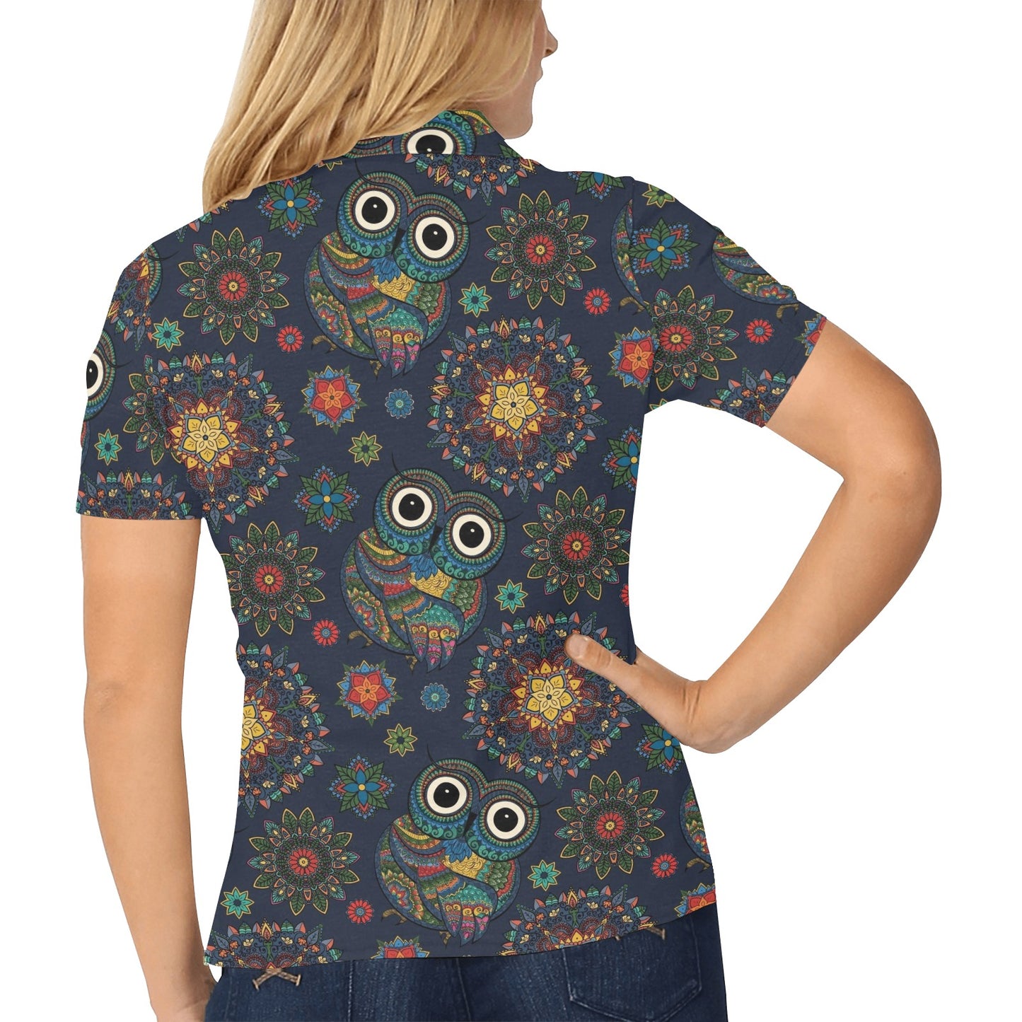 Owl Boho Style Pattern Print Design A04 Women's Polo Shirt