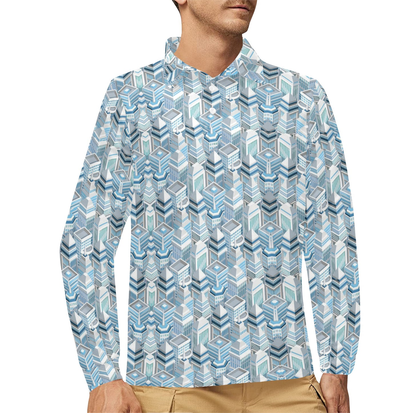 City Pattern Print Design 03 Long Sleeve Polo Shirt For Men's