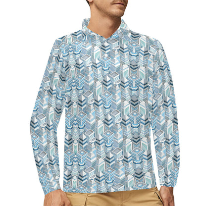 City Pattern Print Design 03 Long Sleeve Polo Shirt For Men's