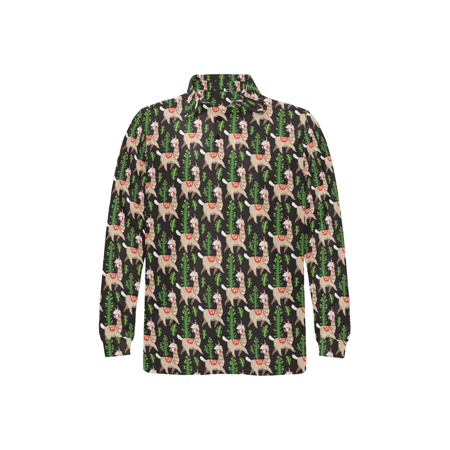 Alpaca Cactus Design Themed Print Long Sleeve Polo Shirt For Men's