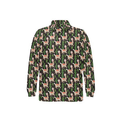 Alpaca Cactus Design Themed Print Long Sleeve Polo Shirt For Men's