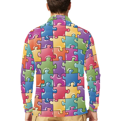 Puzzle Pattern Print Design A05 Long Sleeve Polo Shirt For Men's
