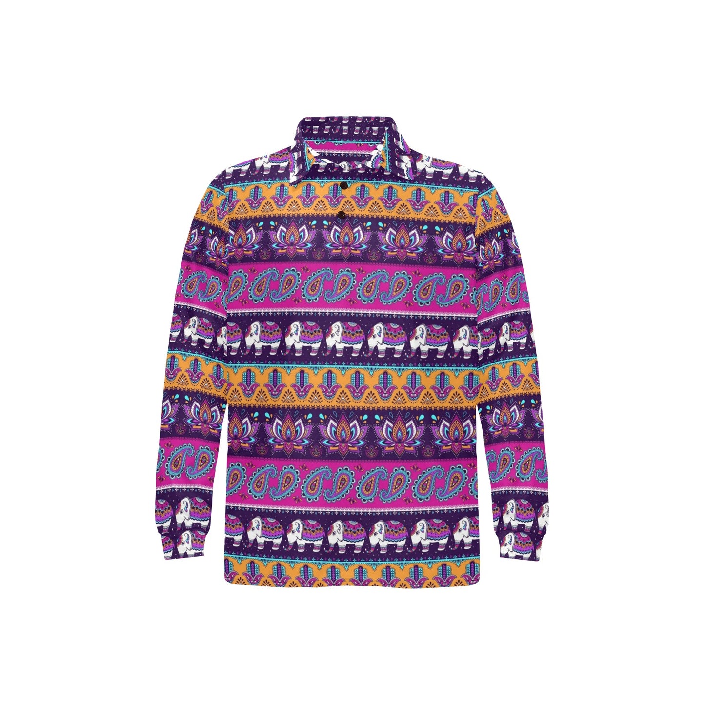 Boho Indian Style Pattern Long Sleeve Polo Shirt For Men's