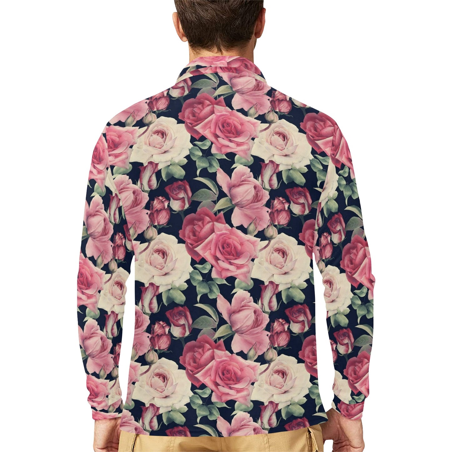 Rose Pattern Print Design RO05 Long Sleeve Polo Shirt For Men's