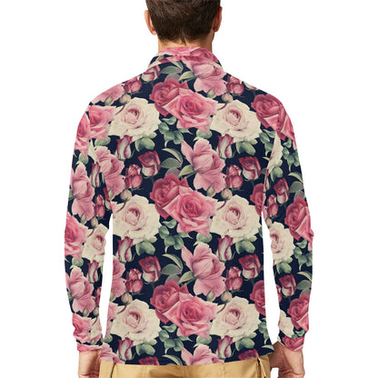 Rose Pattern Print Design RO05 Long Sleeve Polo Shirt For Men's