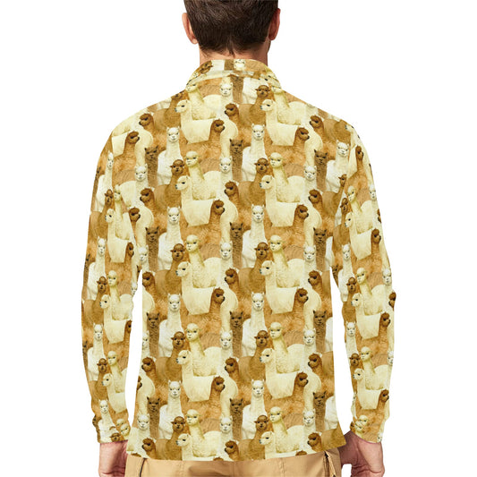 Alpaca Watercolor Design Themed Print Long Sleeve Polo Shirt For Men's