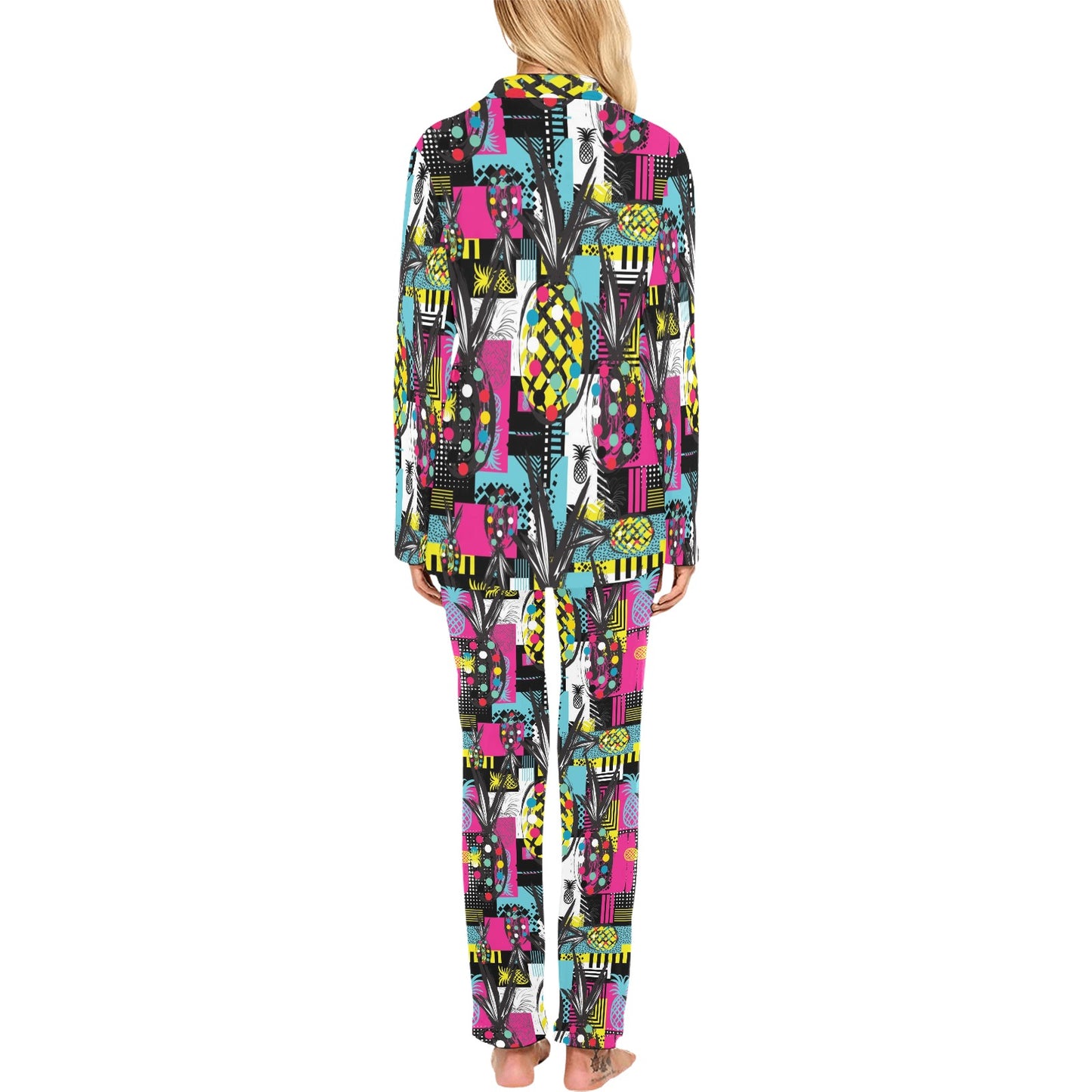 Pop Art Pineapple Pattern Print Design A02 Women's Long Pajama Set