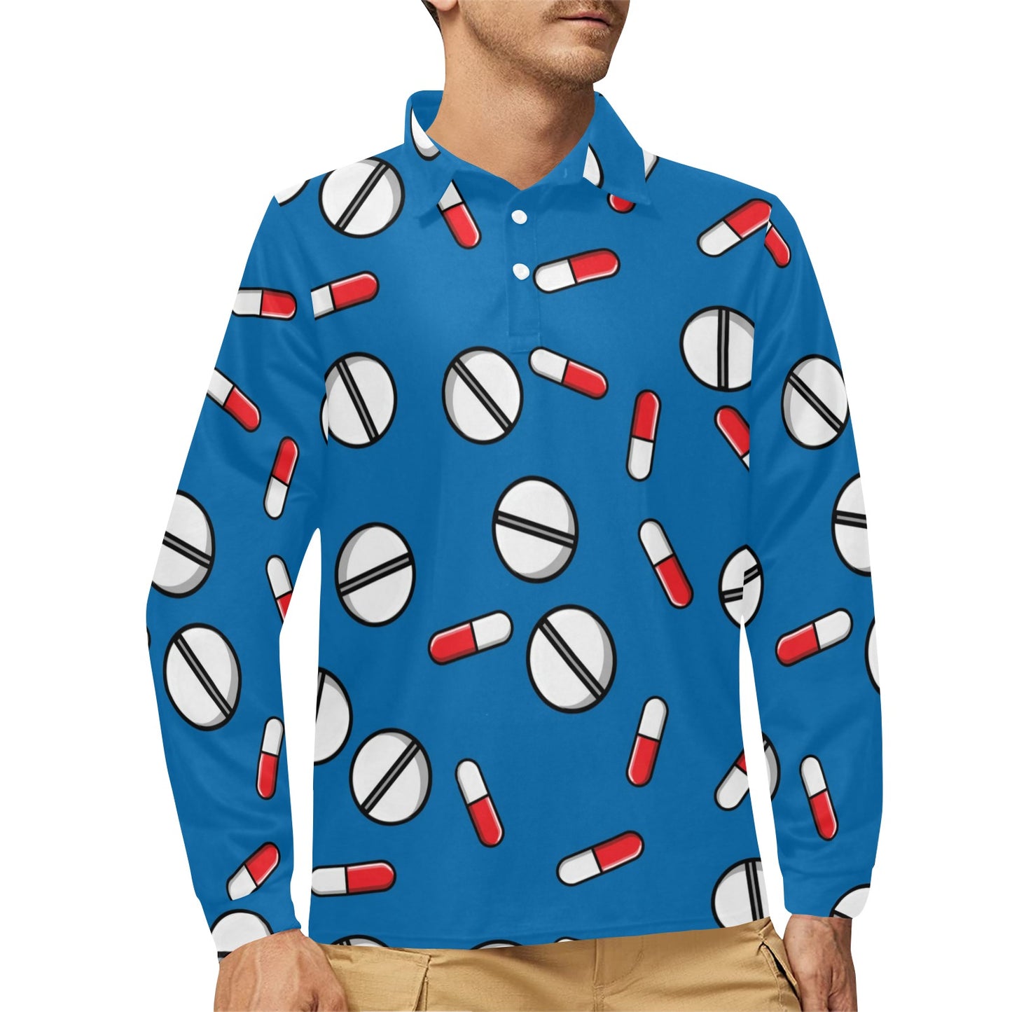 Pill Pattern Print Design A05 Long Sleeve Polo Shirt For Men's