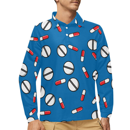 Pill Pattern Print Design A05 Long Sleeve Polo Shirt For Men's