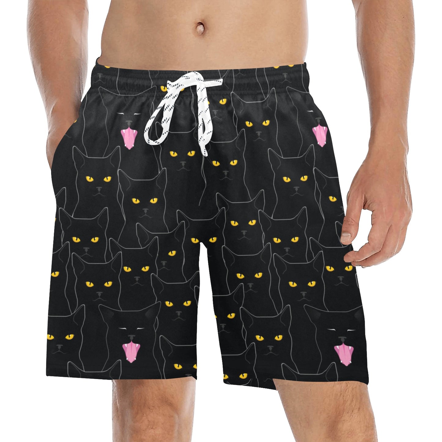 Black Cat Yellow Eyes Print Pattern Men's Swim Trunks Beach Shorts