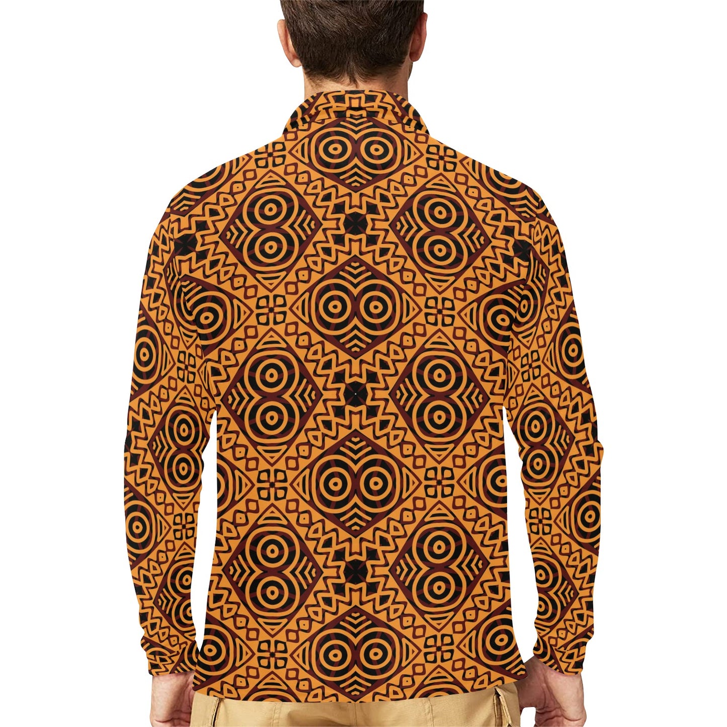 African Pattern Print Design 05 Long Sleeve Polo Shirt For Men's