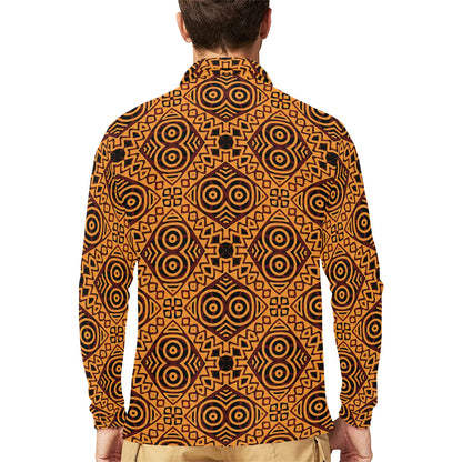 African Pattern Print Design 05 Long Sleeve Polo Shirt For Men's