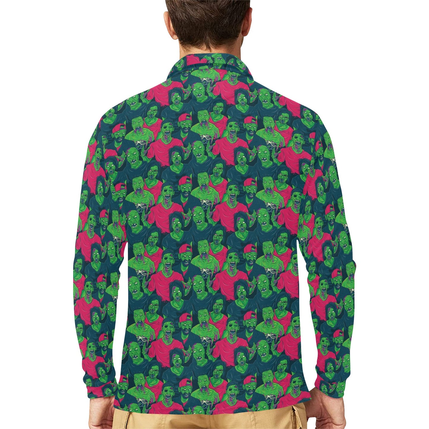Zombie Themed Design Pattern Print Long Sleeve Polo Shirt For Men's