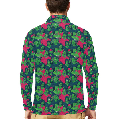Zombie Themed Design Pattern Print Long Sleeve Polo Shirt For Men's