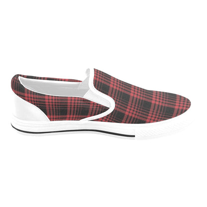 Tartan Red Black Print Design LKS303 White Slip Ons Canvas Women's Shoes