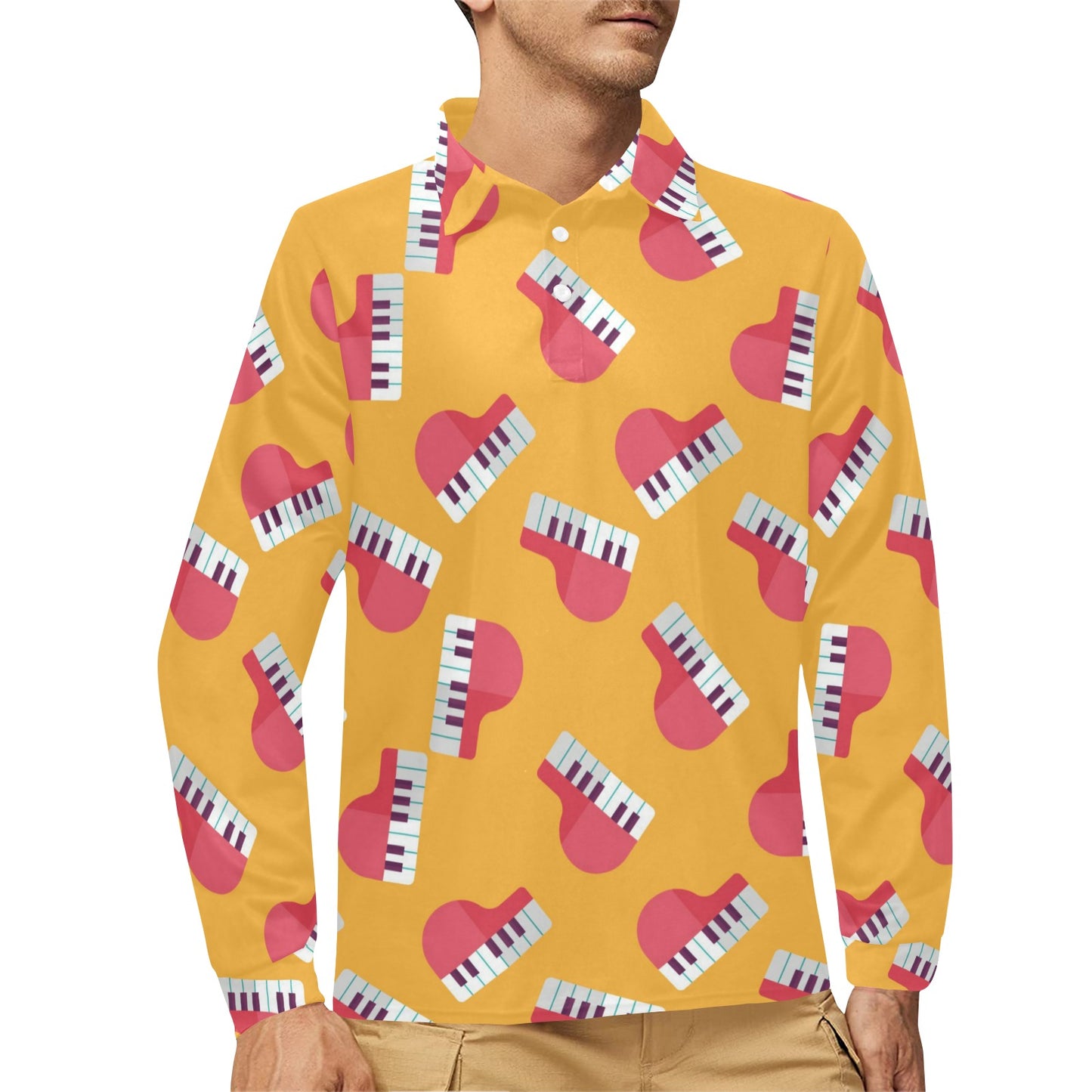Piano Pattern Print Design 02 Long Sleeve Polo Shirt For Men's