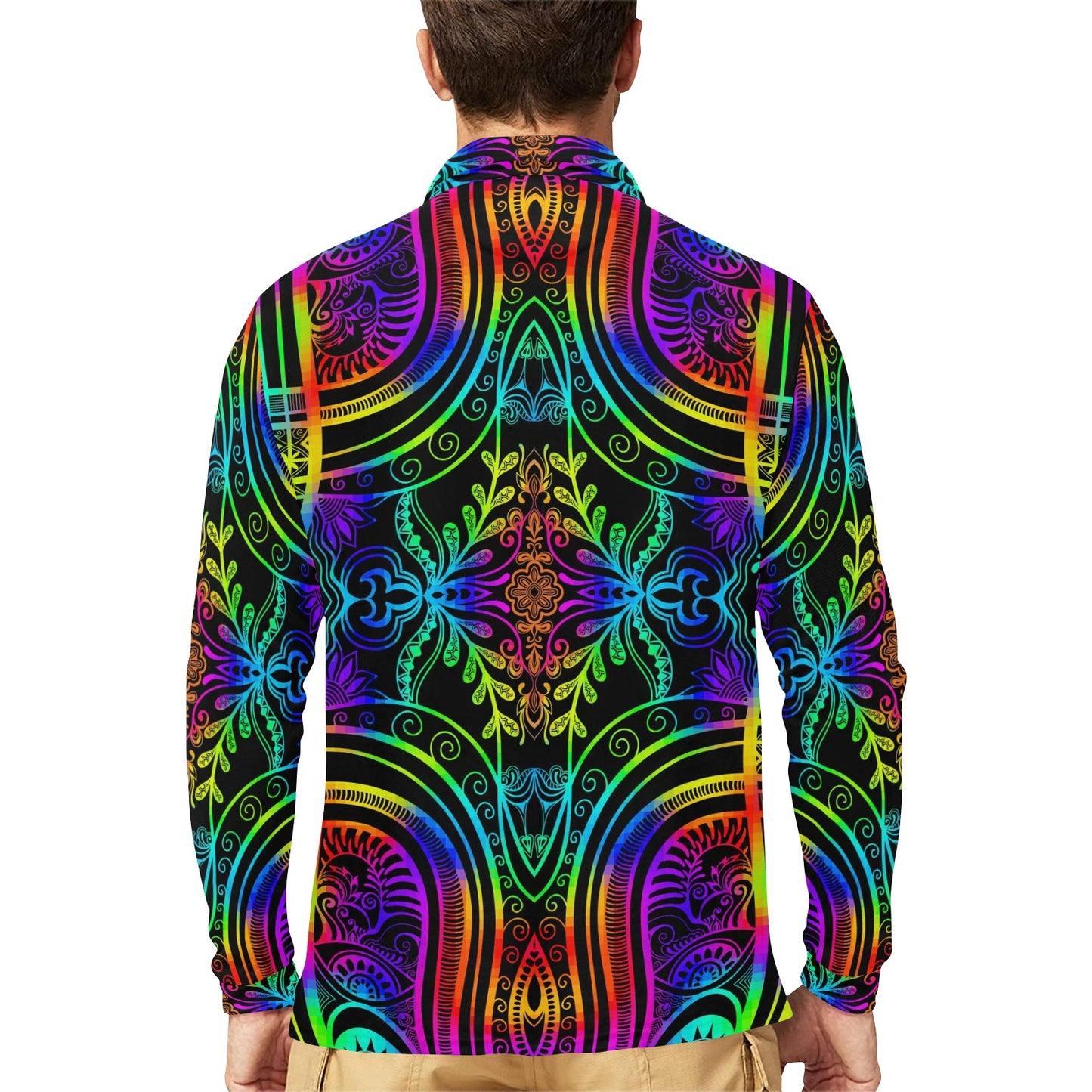 Neon Trible Rainbow Pattern Print Design A01 Long Sleeve Polo Shirt For Men's