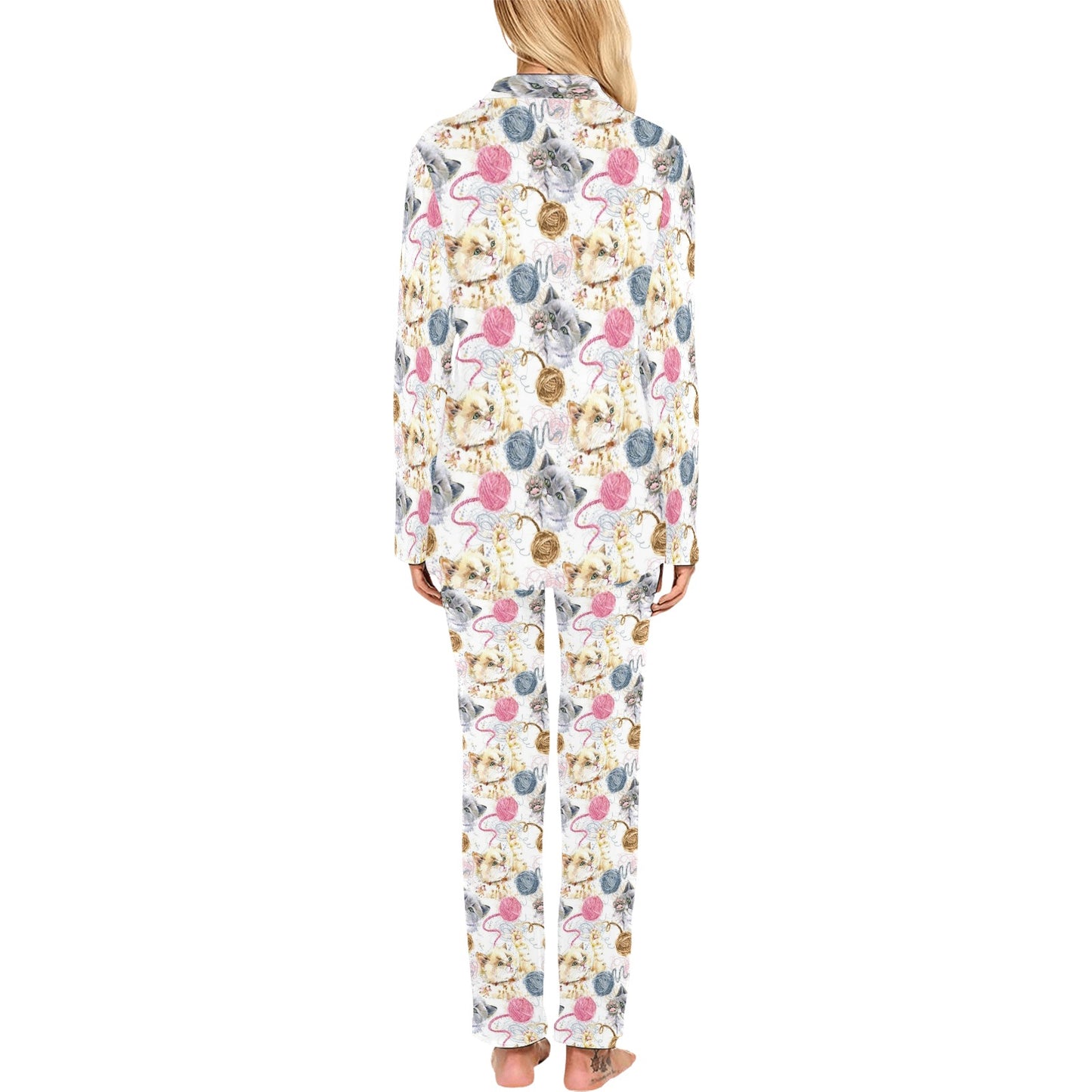 Cat Playing Yarn Pattern Print Design 07 Women's Long Pajama Set