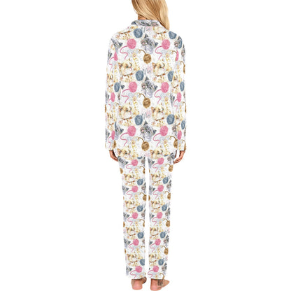 Cat Playing Yarn Pattern Print Design 07 Women's Long Pajama Set