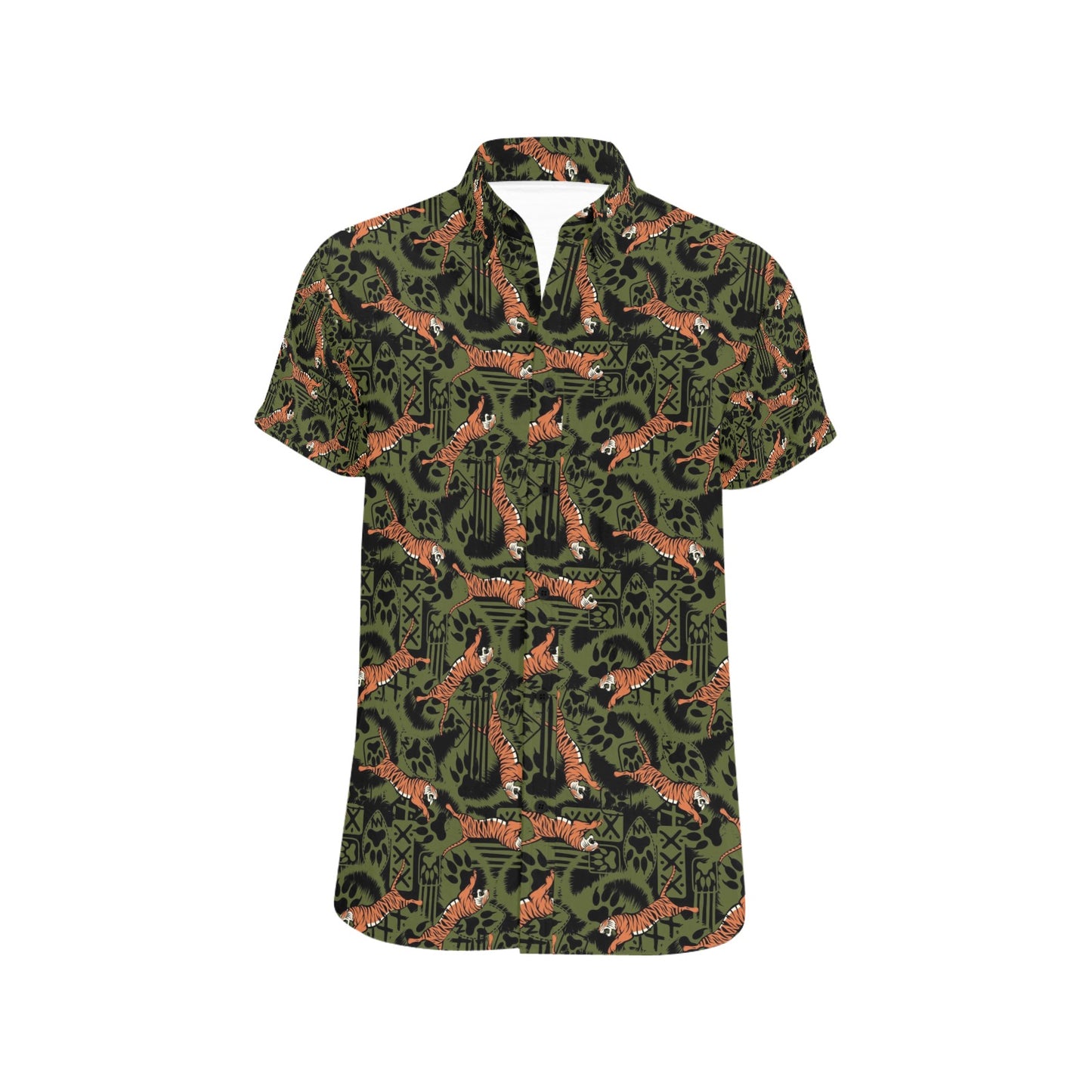 Tiger Pattern Print Design LKS303 Men Short Sleeve Button Up Shirt