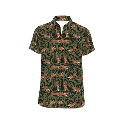 Tiger Pattern Print Design LKS303 Men Short Sleeve Button Up Shirt