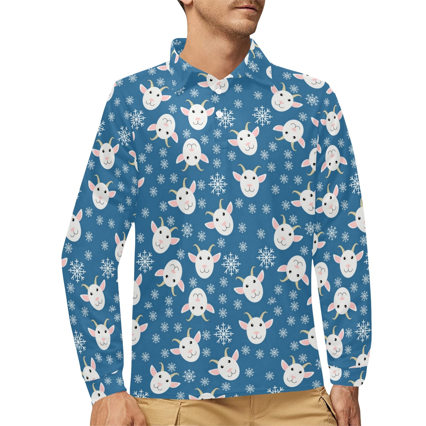 Goat Print Design LKS402 Long Sleeve Polo Shirt For Men's