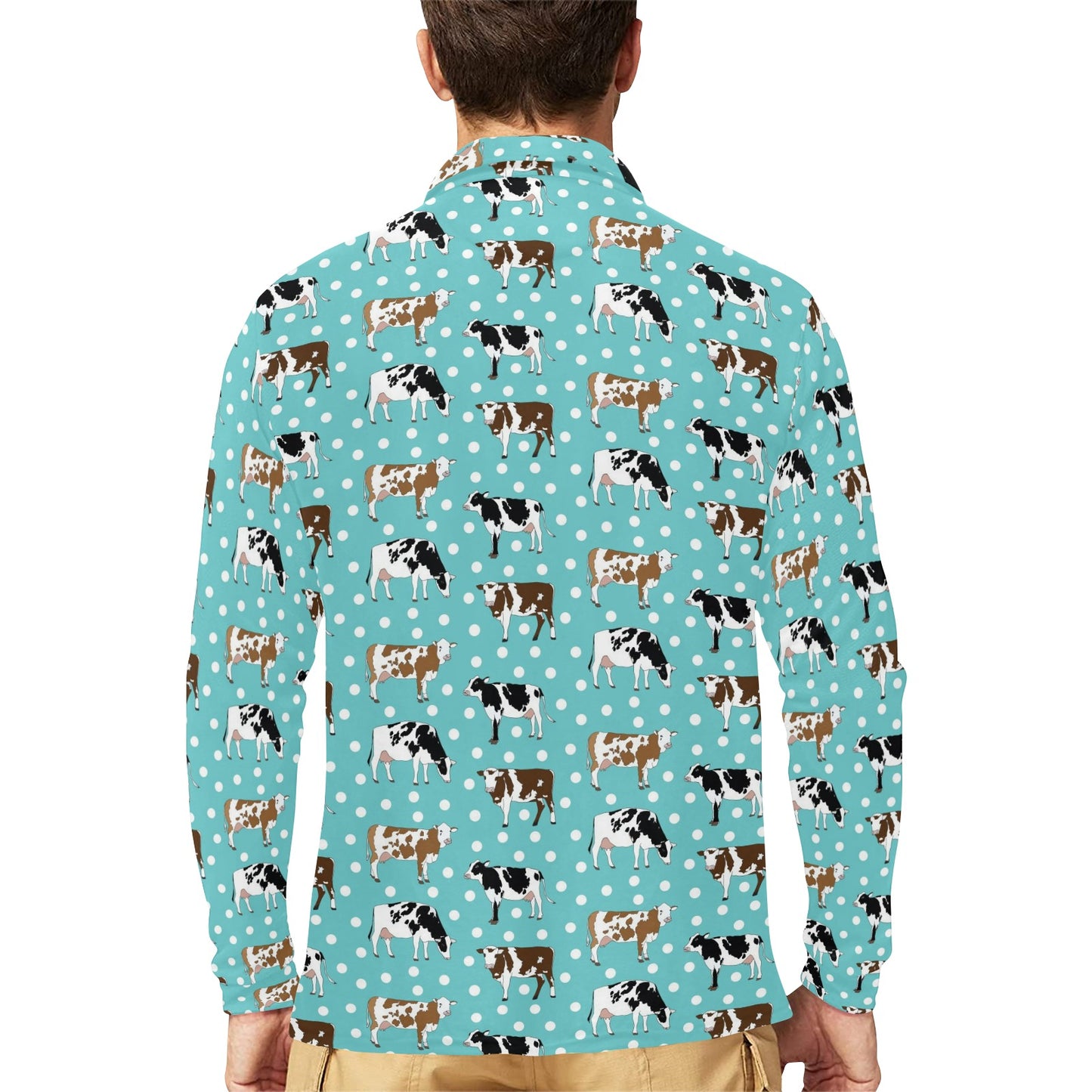Cattle Print Design LKS405 Long Sleeve Polo Shirt For Men's