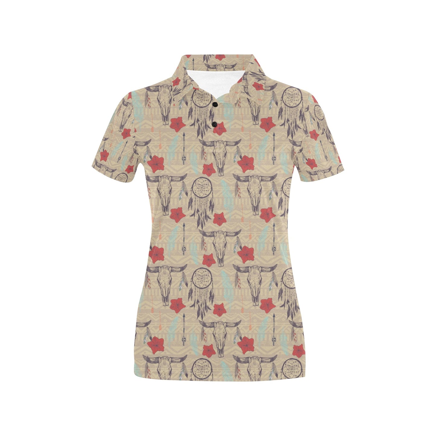Native Buffalo Head Themed Design Print Women's Polo Shirt