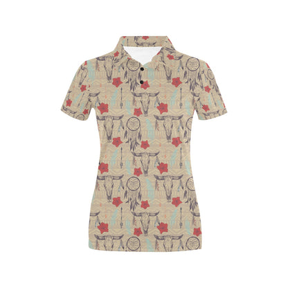 Native Buffalo Head Themed Design Print Women's Polo Shirt