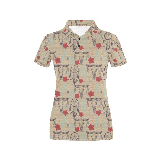 Native Buffalo Head Themed Design Print Women's Polo Shirt