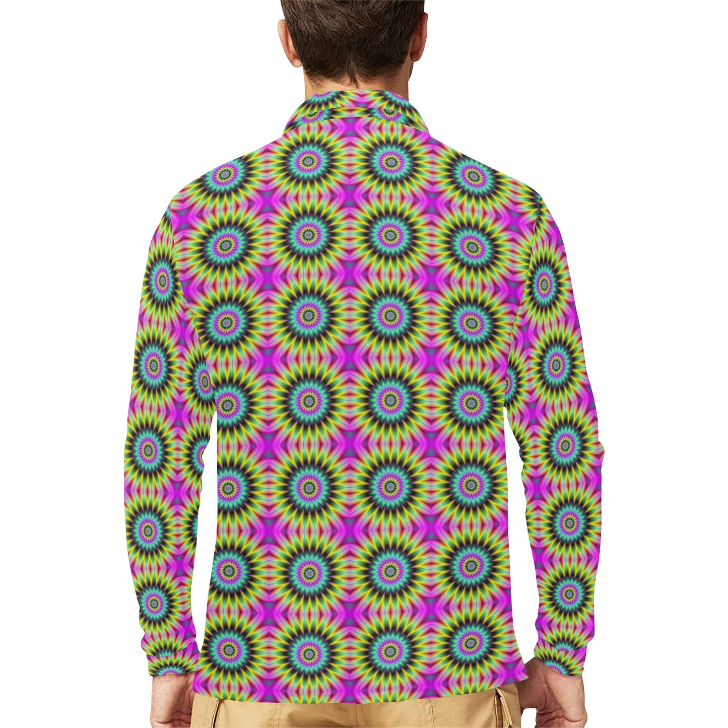 Optical illusion Flower Rainbow Style Long Sleeve Polo Shirt For Men's